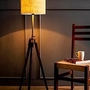 F N Finautica Antique Wooden Tripod Adjustable LED Floor Lamp With Burlap Jute Drum Shade For Living Room, Home Decoration, Pack Of 1