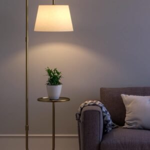 Divine Trends Modern Table Shelf LED Floor Lamp Standing Brass Antique Finish Gold 5ft Height with Shelf Diameter 10 Inches and Off White Lampshade (Pack of 1)